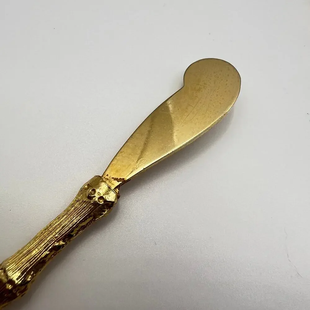 Vintage 5 Piece Set Gold Plated Bamboo Butter Knives Charcuterie Hors D'oeuvre